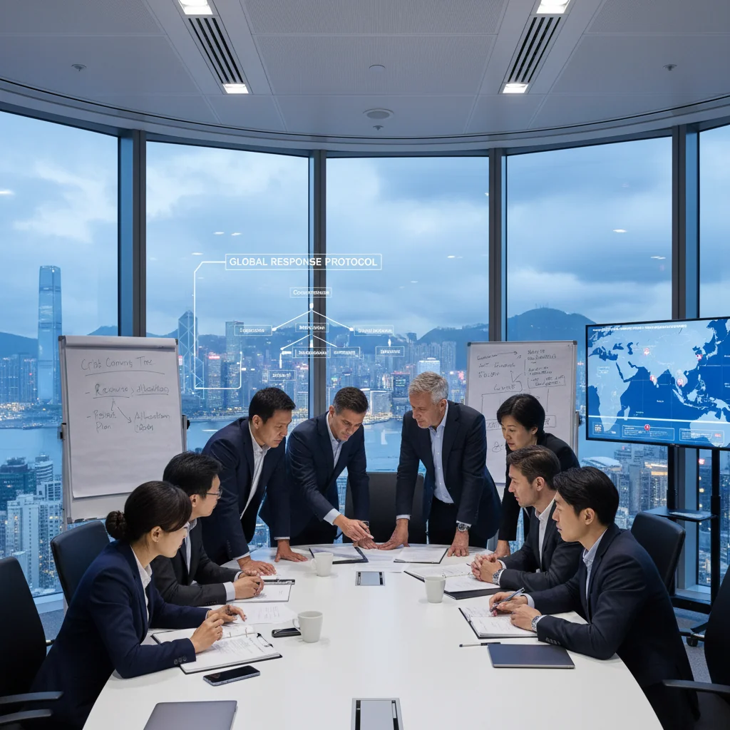 A photorealistic image depicting a professional team in a modern Hong Kong office collaboratively reviewing and discussing contingency plans for unexpected events, emphasizing preparedness and strategic response, with elements like maps or strategy boards in the background, no children present.