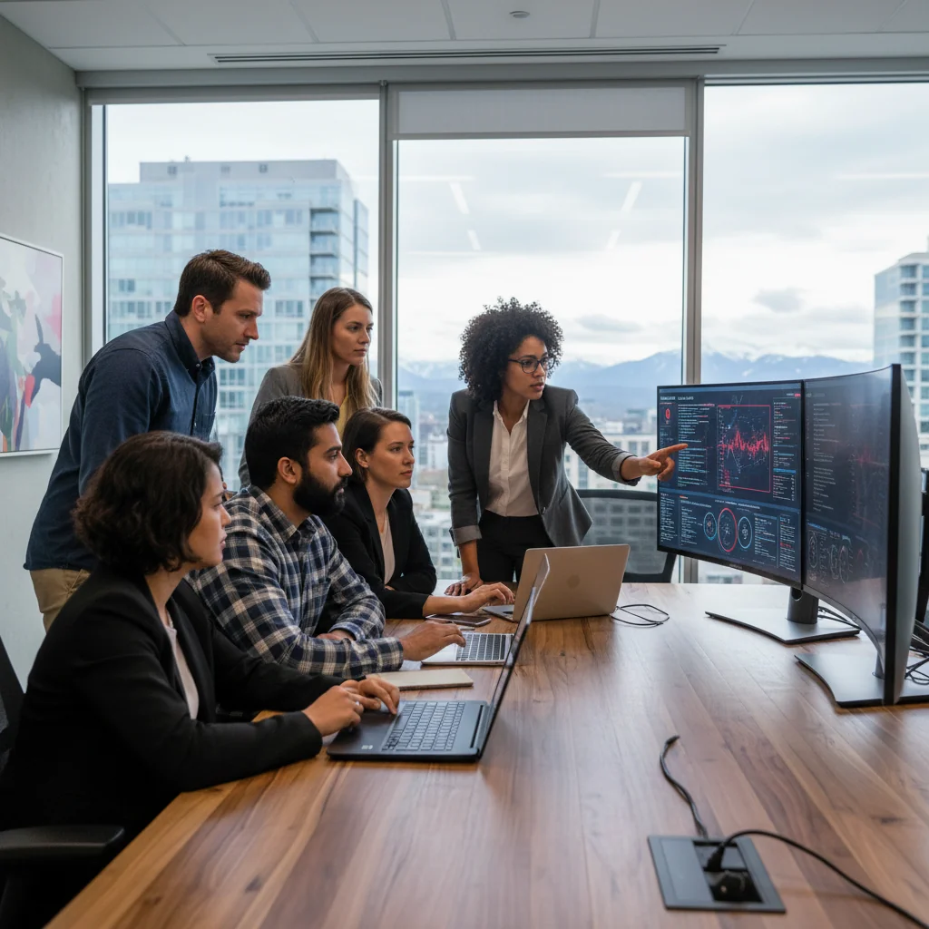 A photorealistic image depicting a professional incident response team in a modern Canadian office environment, collaboratively reviewing digital security dashboards on multiple screens during a simulated cyber incident, with elements like the Canadian flag subtly in the background to represent the context, conveying preparedness and efficiency without showing any documents.