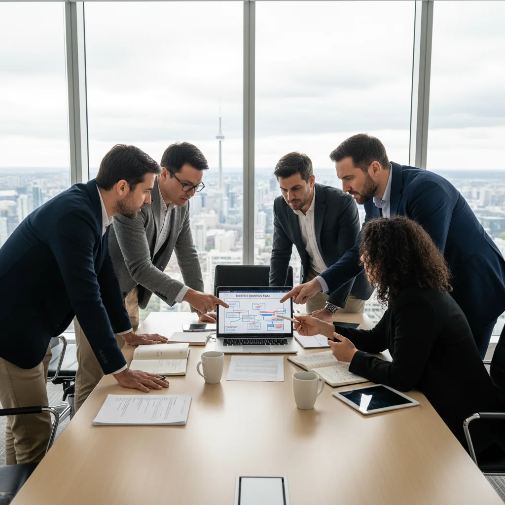 A photorealistic image depicting a diverse team of adult professionals in a modern Canadian corporate office, collaboratively reviewing and updating an incident response plan on a large digital screen, with elements like a Canadian flag in the background, emphasizing preparedness and professionalism. No children are present.