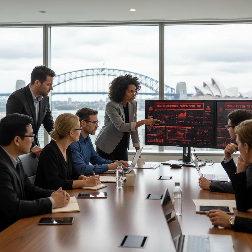 A photorealistic image depicting a professional team in a modern Australian office responding to a cyber incident, with diverse adults focused on computer screens displaying security alerts, symbolizing preparedness and effective incident response planning.