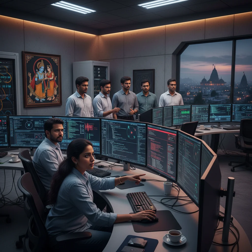 A photorealistic image of a diverse team of adult cybersecurity professionals in a modern incident response center in India, intently monitoring multiple computer screens displaying real-time threat alerts and response dashboards, with elements of Indian culture like a map of India in the background, conveying preparedness and urgency without showing any children or documents.