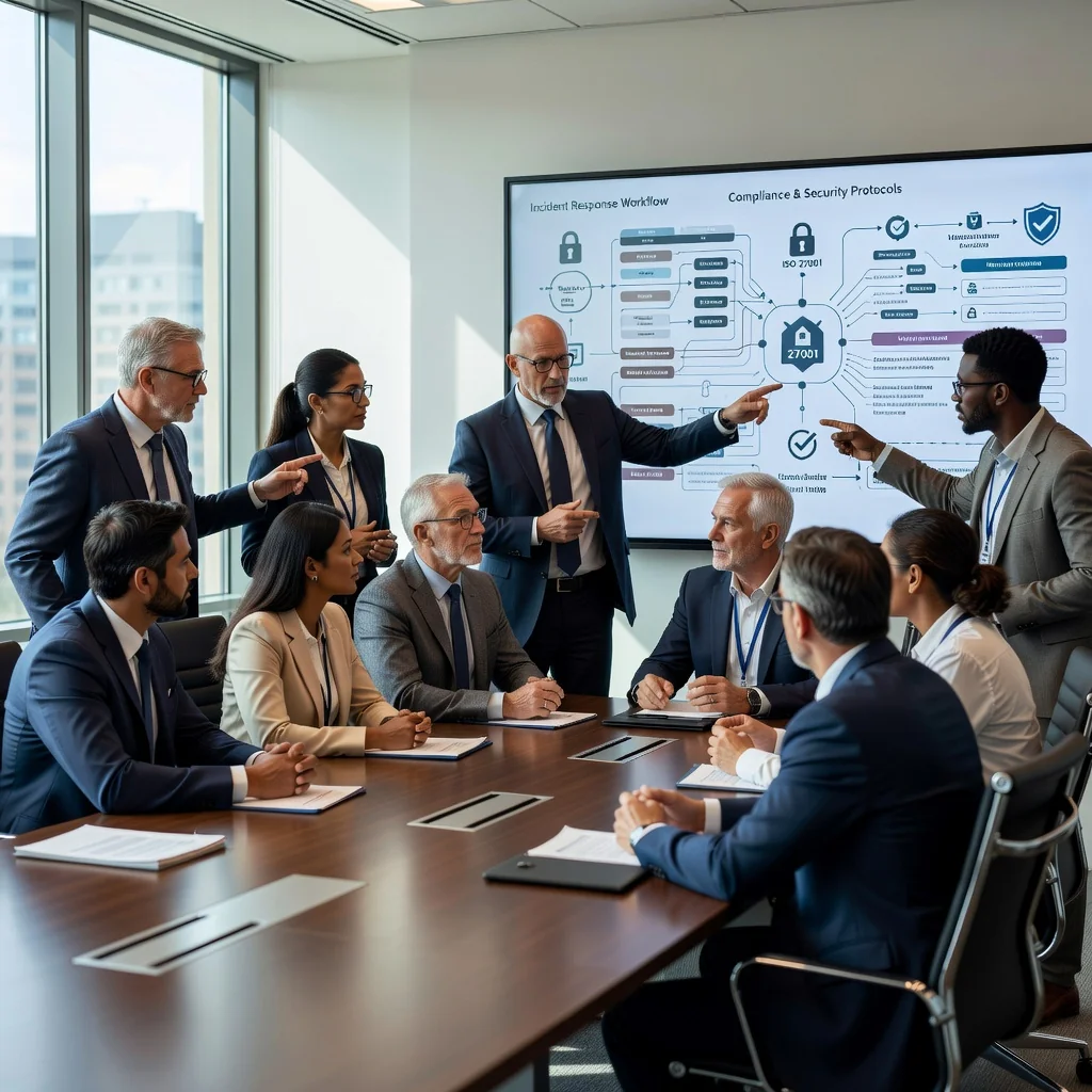 A photorealistic image of a professional business team in a modern office setting, gathered around a conference table, calmly discussing and reviewing an incident response strategy on a large digital screen, symbolizing preparedness and compliance in handling business emergencies.