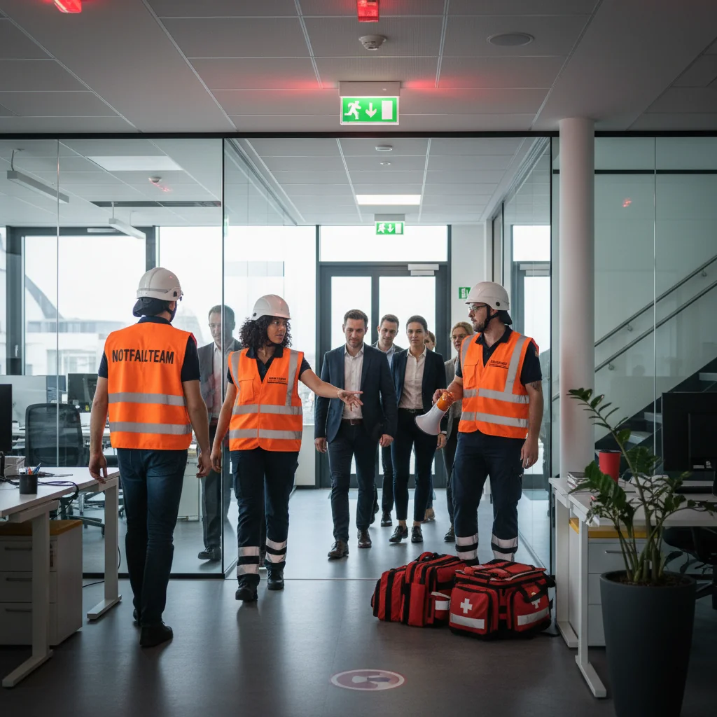 A photorealistic image depicting a professional emergency response scenario in a modern office building in Germany, showing a diverse team of adult emergency responders in uniforms coordinating a swift evacuation drill, with clear signage and safety equipment visible, emphasizing preparedness and legal compliance without any focus on documents.