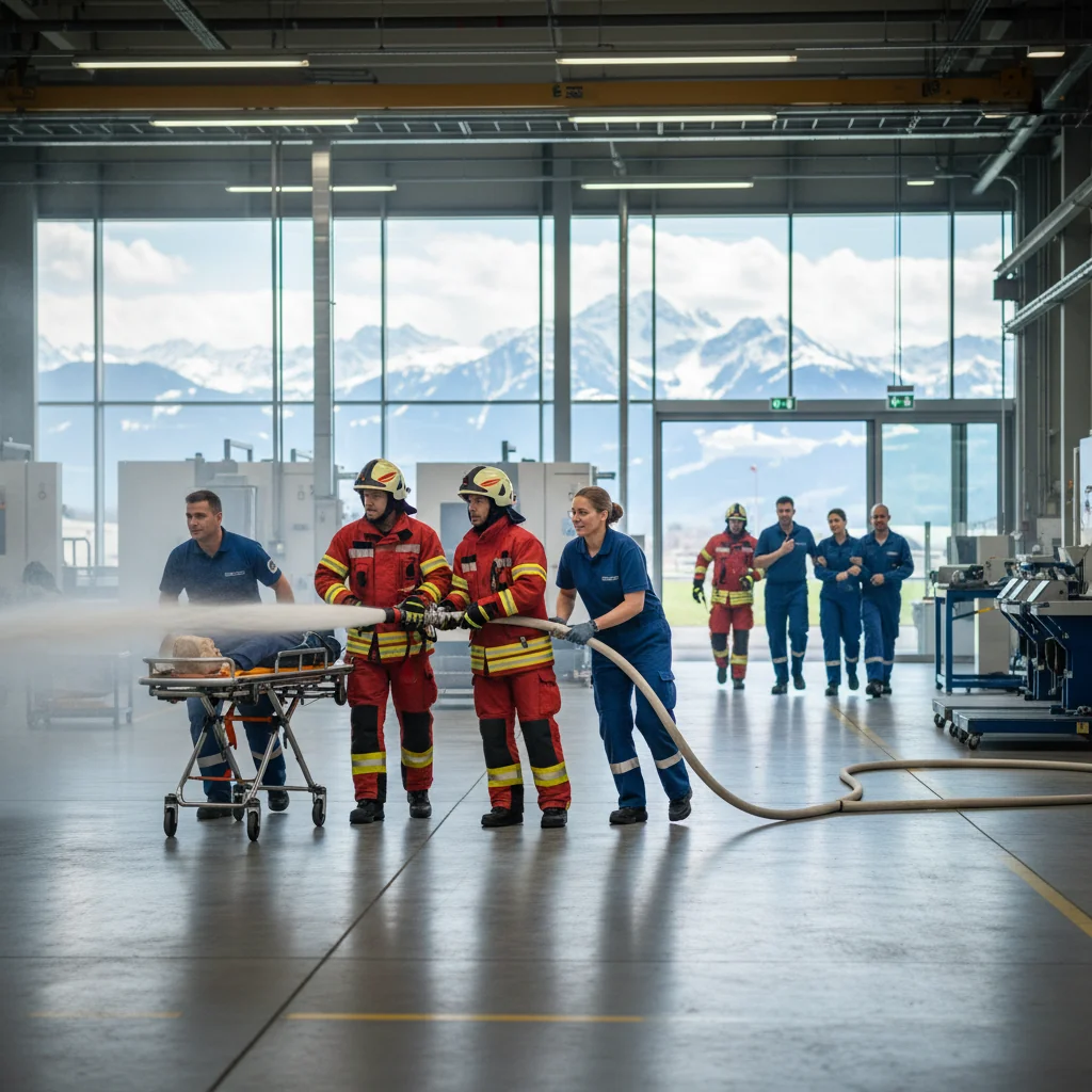 A photorealistic image depicting a professional emergency response team in action during a workplace crisis in Switzerland, such as firefighters and medical personnel coordinating a rescue operation in an industrial setting with Swiss Alps in the background, emphasizing preparedness and safety without showing any documents.