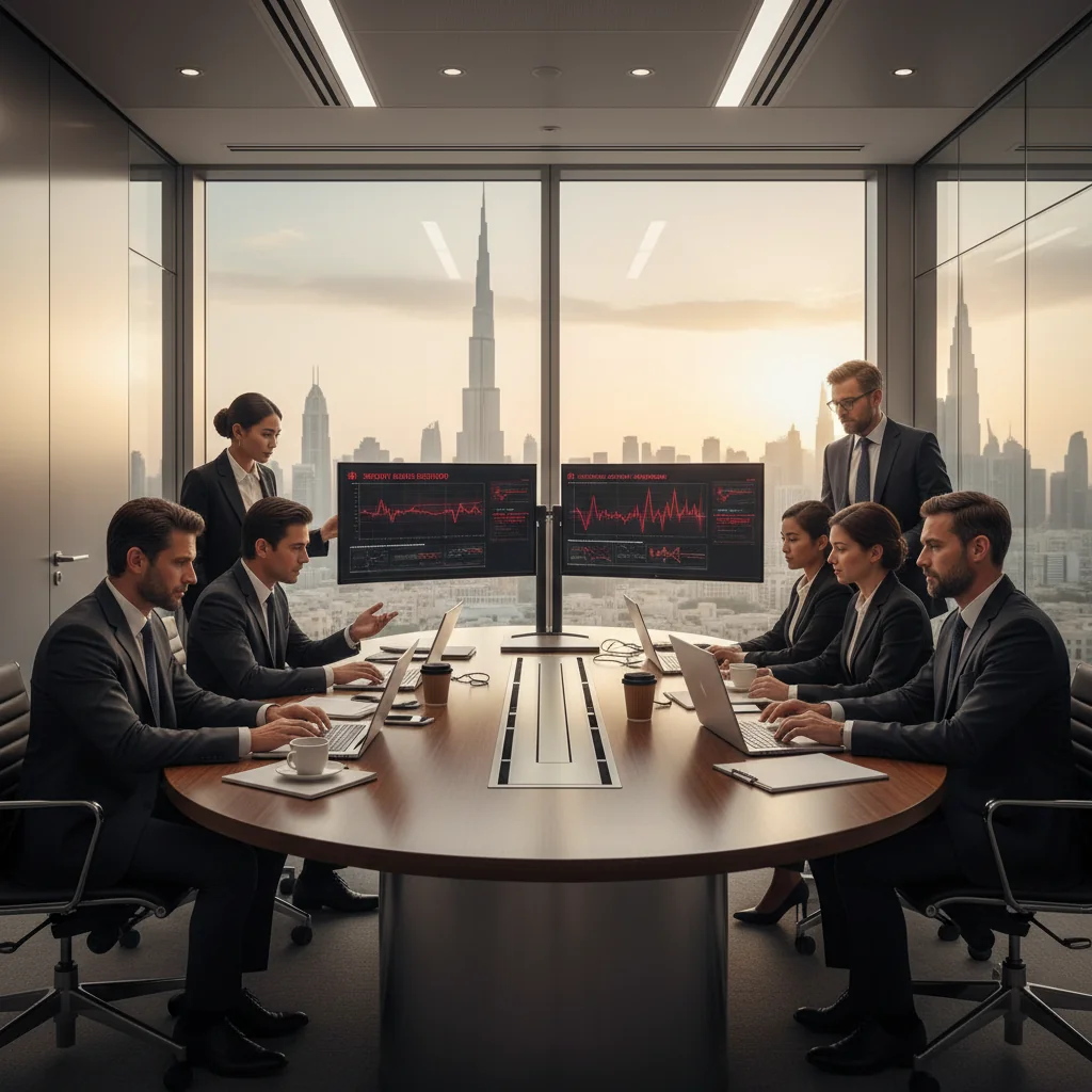 A photorealistic image depicting a professional team of adults in a modern UAE office in Dubai, actively responding to a simulated cyber incident on computers, with confident expressions and elements like the UAE skyline in the background, symbolizing preparedness and importance of incident response plans for businesses.
