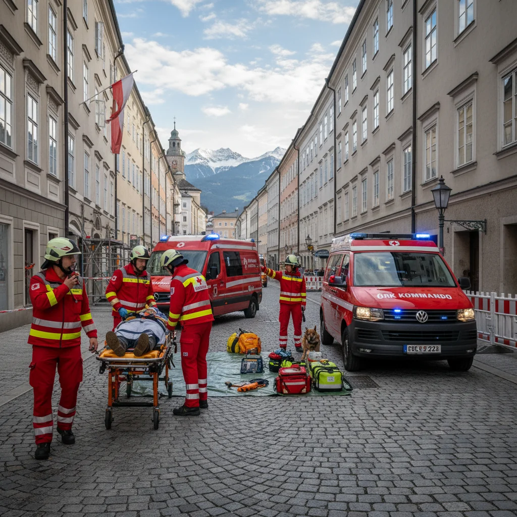 A photorealistic scene depicting an emergency response team in Austria, with professionals in uniforms coordinating a rescue operation in an urban setting, surrounded by Austrian landmarks like the Alps in the background, emphasizing preparedness and quick reaction without focusing on any documents or children.