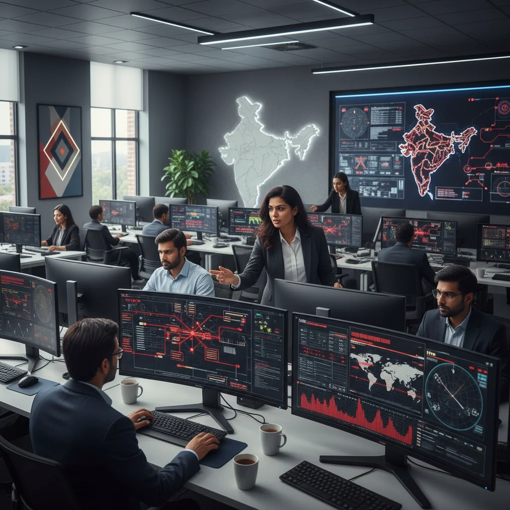 A photorealistic image of a diverse team of Indian professionals in a modern office environment in India, collaboratively responding to a simulated cyber incident on their computers, with focused expressions, emergency response charts on screens, and elements like Indian flags or landmarks in the background to represent incident response planning in the Indian context. No children present. The image conveys preparedness and teamwork without showing any documents.
