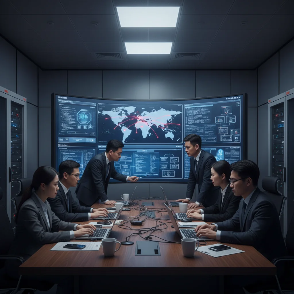 A photorealistic image of a diverse team of adult cybersecurity professionals in a modern command center, intently monitoring multiple computer screens displaying network alerts and incident response dashboards, with subtle Chinese cultural elements like a national flag in the background, conveying preparedness and urgency in handling cyber incidents.
