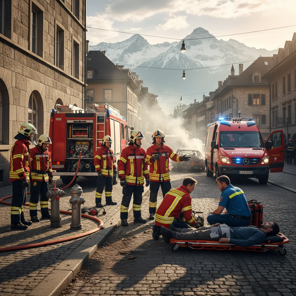 A photorealistic image depicting a professional emergency response team in Switzerland coordinating during a crisis, such as firefighters and paramedics working together in an urban Swiss setting with mountains in the background, symbolizing preparedness and quick action in emergencies.