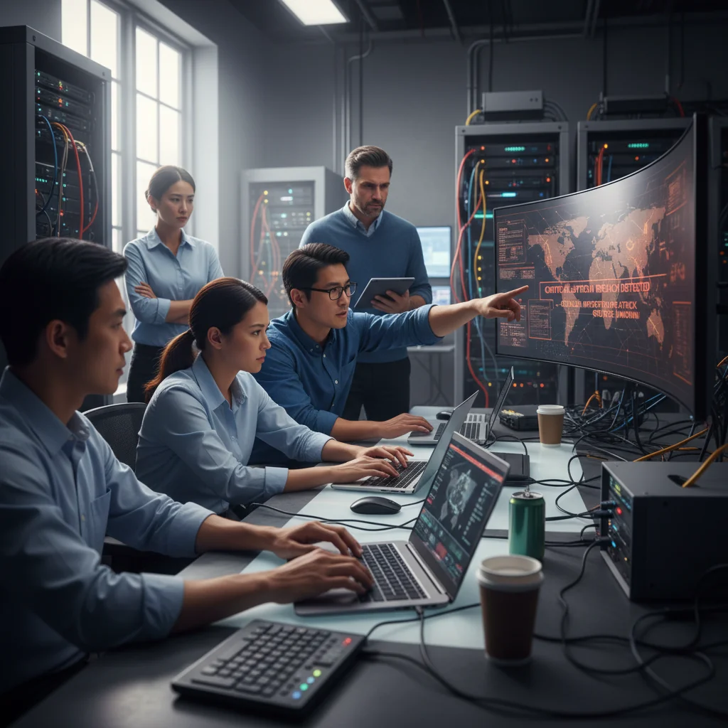 A photorealistic image of a professional cybersecurity team in a modern control room, collaboratively responding to a digital incident on multiple computer screens, conveying preparedness and structured action, with no children present.