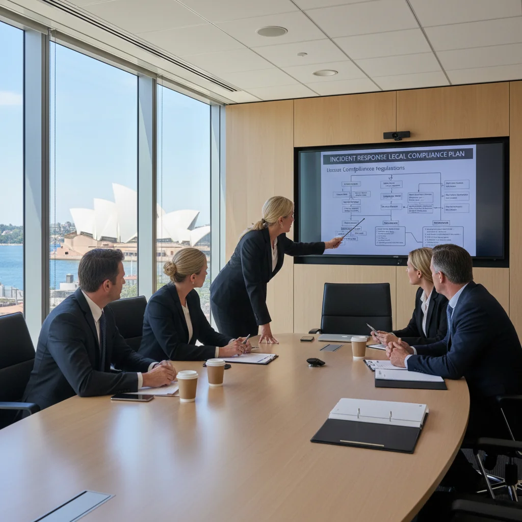 A photorealistic image depicting a professional incident response scenario in an Australian corporate office, showing a diverse team of adults in business attire gathered around a conference table, calmly discussing a response plan on a digital screen displaying charts and timelines, with Australian flags or Sydney skyline visible in the background window to evoke a sense of preparedness and legal compliance, no children present, highly detailed and realistic photography style.