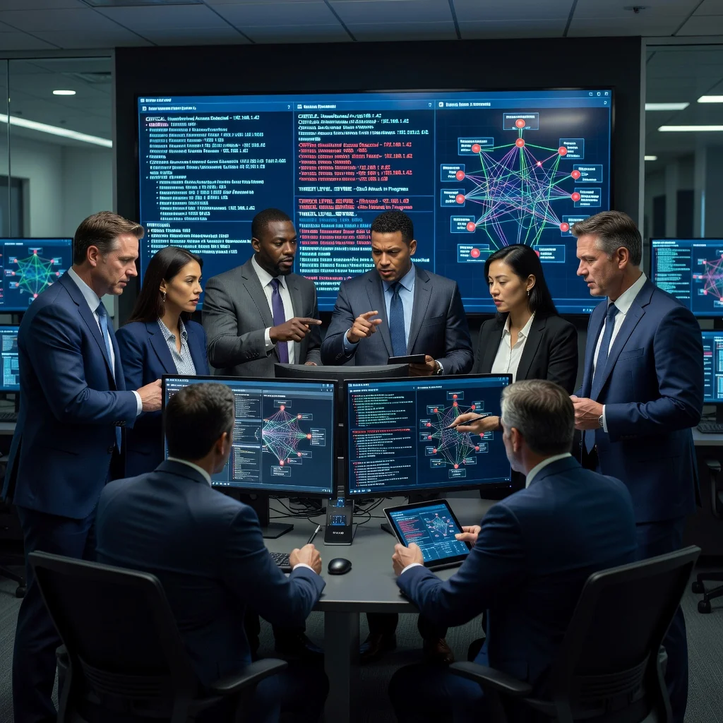 A photorealistic image depicting a professional cybersecurity team in a modern command center, collaboratively responding to a cyber incident on multiple computer screens showing alert notifications and data analysis, symbolizing effective incident response planning in a corporate environment. No children are present in the image.