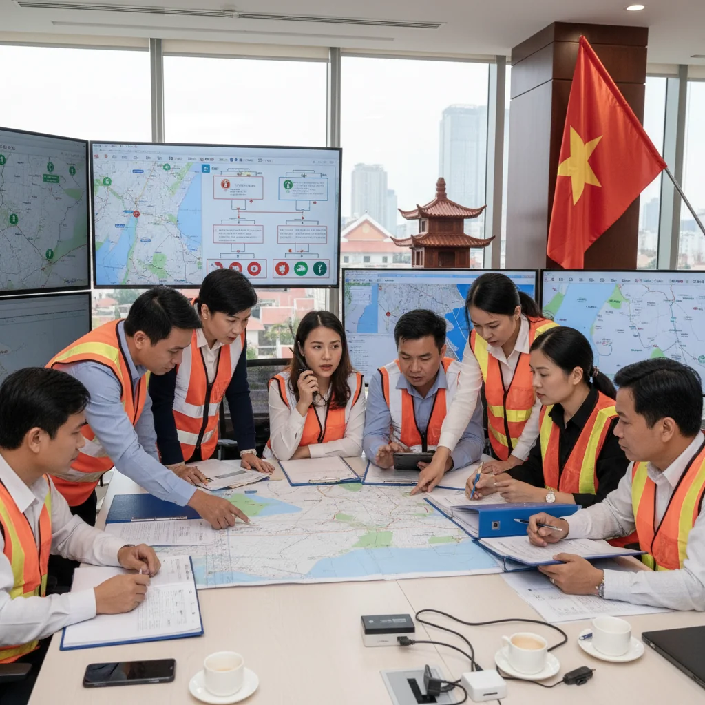 A photorealistic image depicting a professional team in a modern Vietnamese office during an emergency response drill, showing adults calmly executing a contingency plan with maps and communication devices, symbolizing effective incident response preparedness in Vietnam.