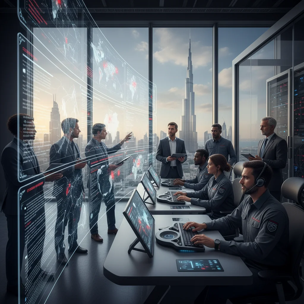 A photorealistic scene depicting a professional team of cybersecurity experts in a modern control room in the UAE, actively responding to a cyber incident on multiple computer screens, with elements like the UAE flag and Burj Khalifa in the background view, emphasizing preparedness and efficiency in incident response.