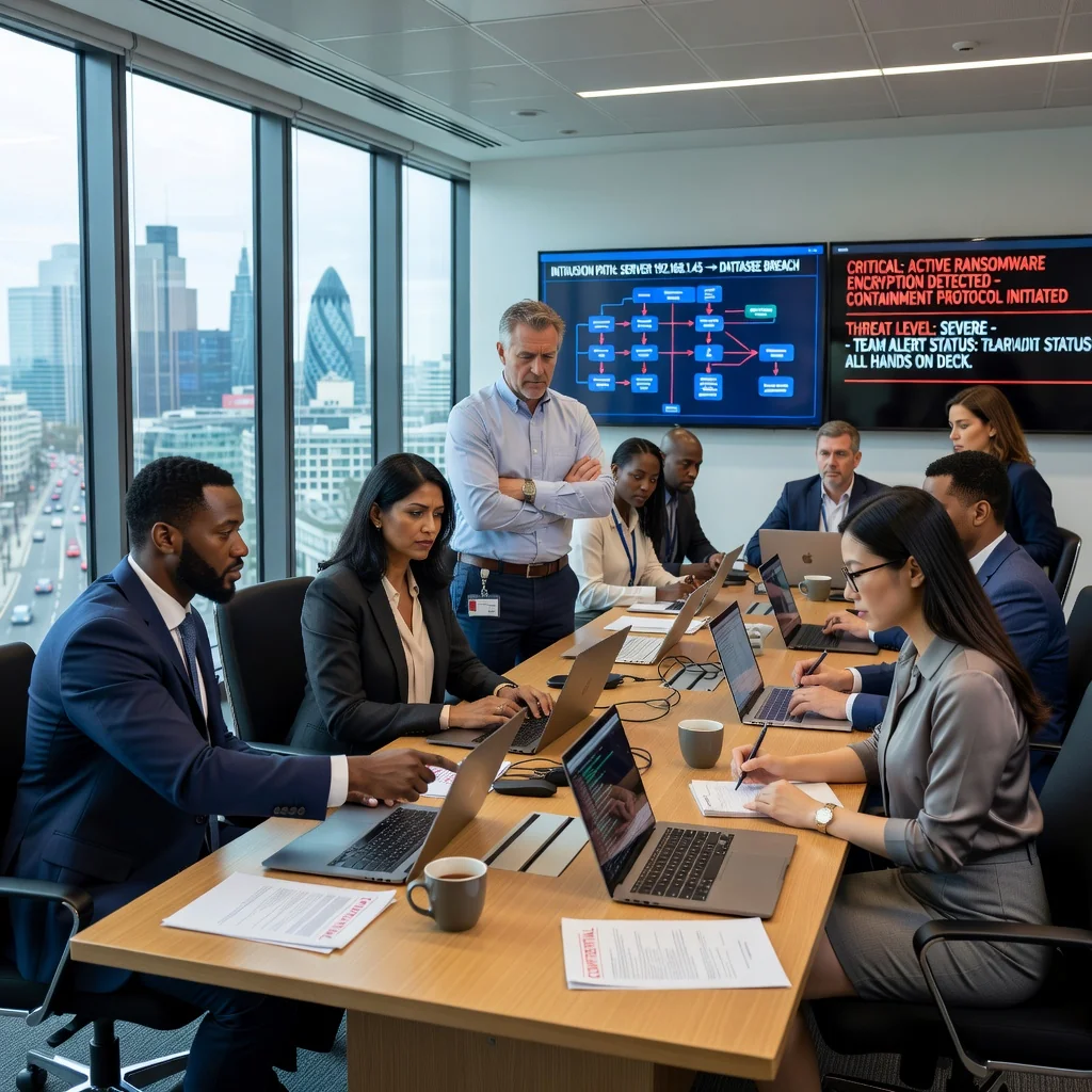 A photorealistic image of a professional team in a modern UK office setting, collaboratively reviewing a digital incident response plan on multiple screens, symbolizing preparedness and effective response to cyber incidents, with elements like computer monitors displaying security dashboards, no children present.