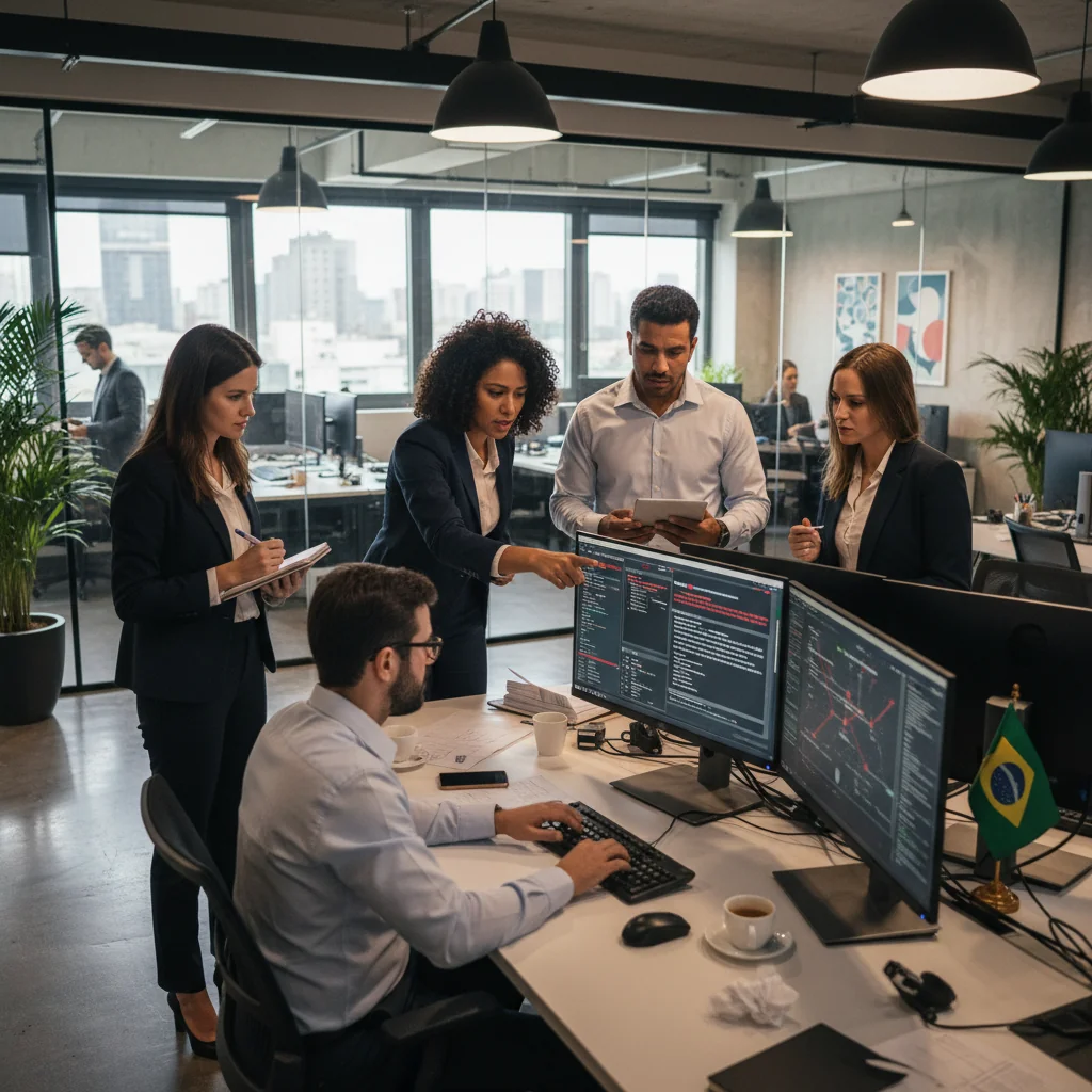 A photorealistic image depicting a professional team of adults in a modern Brazilian corporate office responding to a cybersecurity incident, with individuals gathered around computer screens showing alert notifications, discussing strategies, conveying urgency and preparedness, no children present.