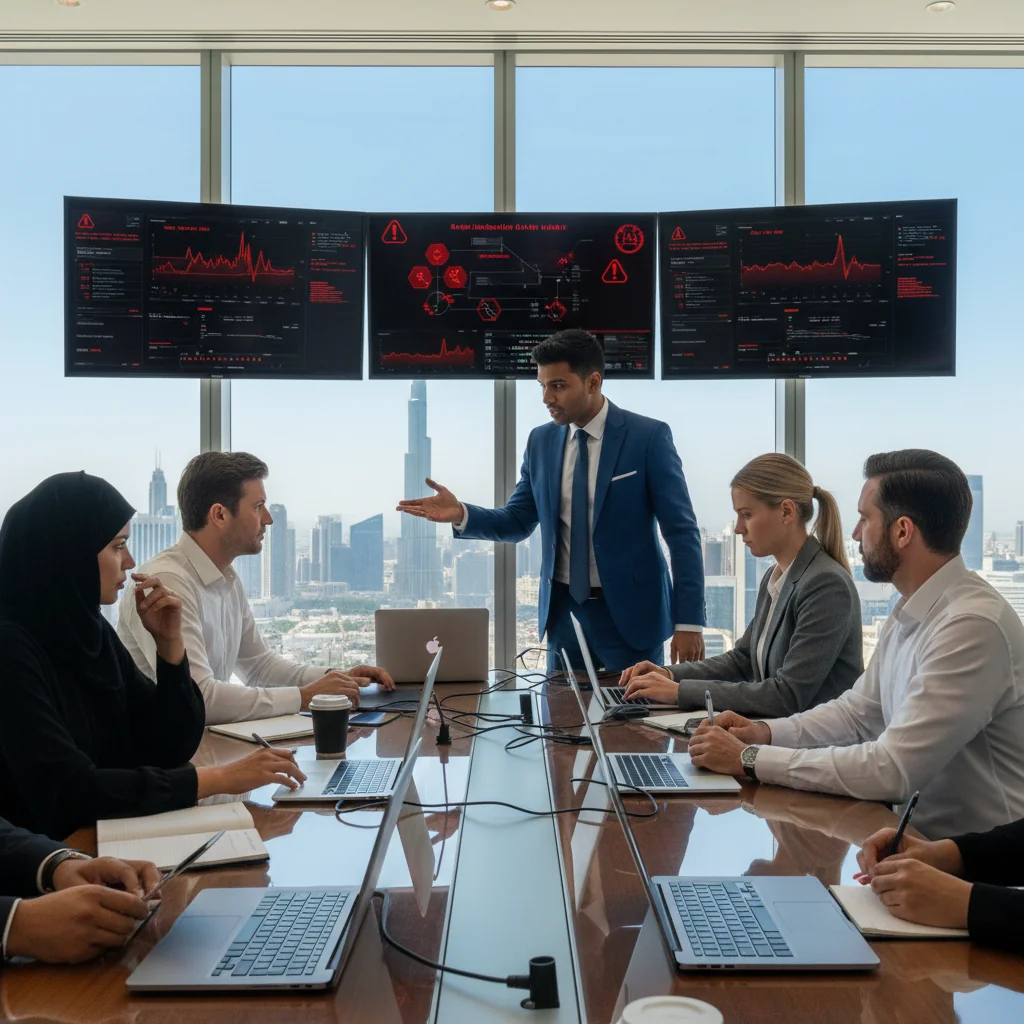A photorealistic image depicting a professional team in a modern UAE office in Dubai, actively responding to a simulated cybersecurity incident. The scene shows diverse adult professionals gathered around a conference table with multiple computer screens displaying security alerts and data analysis charts, one person pointing at a screen while others discuss solutions. The background features the iconic Burj Khalifa visible through large windows, emphasizing the UAE setting. The atmosphere is focused and collaborative, highlighting preparedness and quick response to incidents, with no documents or papers visible.