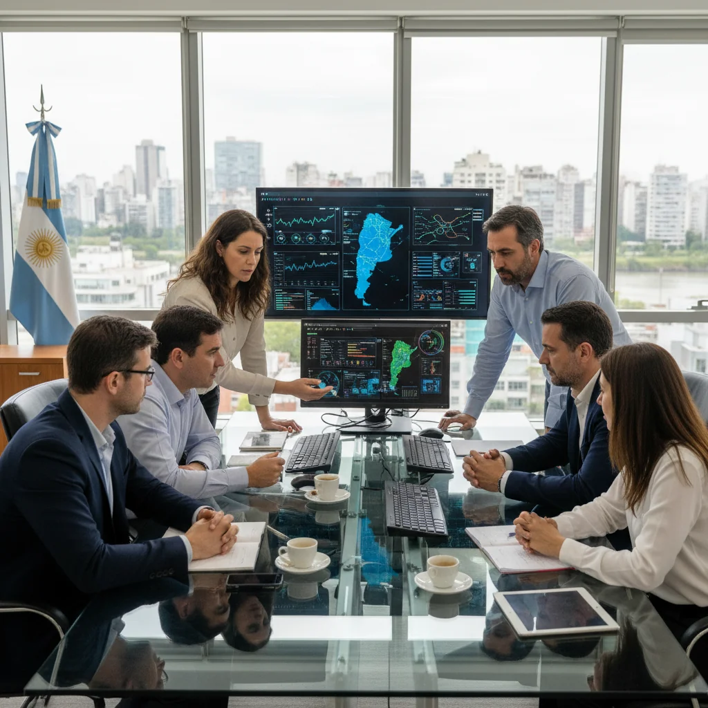 A photorealistic image depicting a professional crisis management team in a modern office in Buenos Aires, Argentina, responding to a simulated cyber incident. The scene shows diverse adult professionals in business attire gathered around a conference table with laptops and screens displaying alert notifications, looking focused and collaborative, with subtle Argentine landmarks visible through the window in the background.