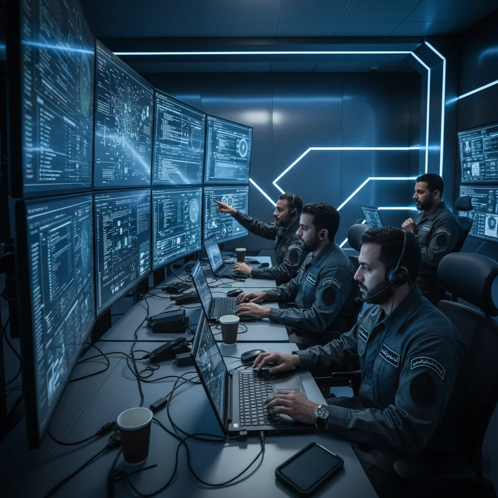 A photorealistic image of a diverse team of cybersecurity professionals in a modern command center, actively monitoring and responding to a cyber incident on multiple screens displaying network alerts and data flows, emphasizing preparedness and collaboration in line with Saudi standards, no children present.
