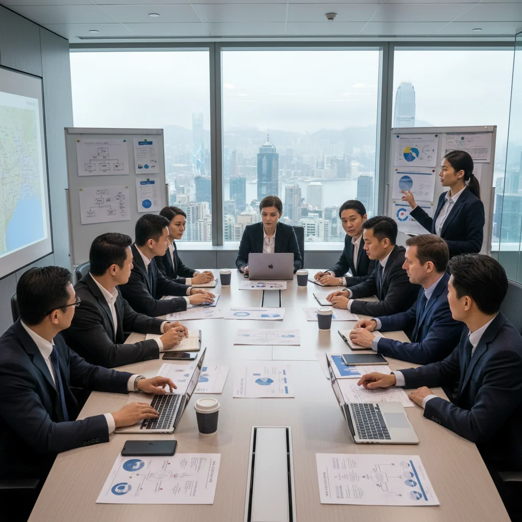 A photorealistic image of a diverse team of professional adults in a modern Hong Kong office setting, engaged in a crisis response meeting. They are discussing strategies around a conference table with city skyline views, looking focused and collaborative, symbolizing effective corporate contingency planning.