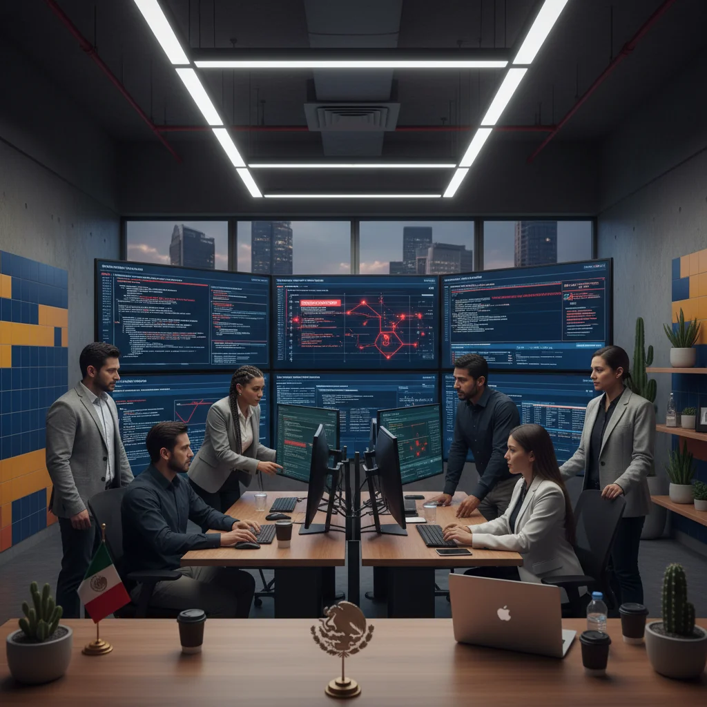 A photorealistic image depicting a professional cybersecurity team in a modern control room in Mexico, actively responding to a cyber incident on multiple computer screens showing alerts and code, with Mexican flags or subtle cultural elements in the background, conveying preparedness and urgency, no children present.