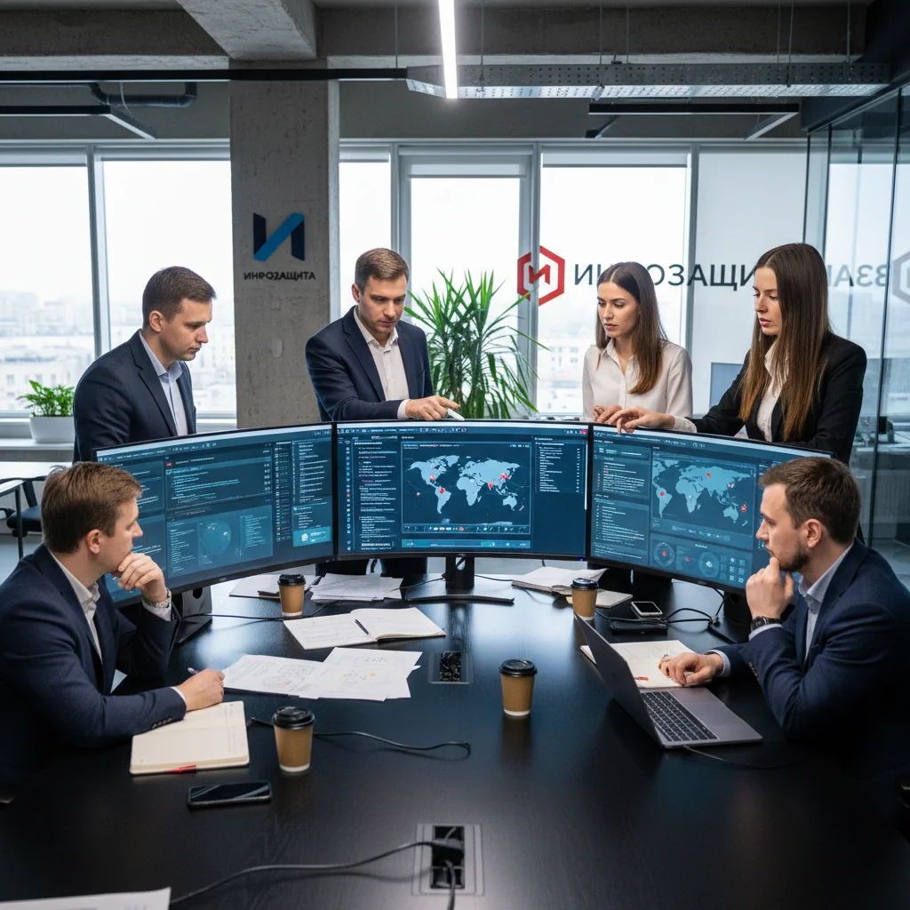 A photorealistic image of a professional cybersecurity team in a modern Russian corporate office, gathered around a conference table, intently analyzing digital screens displaying incident response dashboards and network security alerts, conveying preparedness and strategic planning for handling cyber incidents, with diverse adult professionals in business attire, no children present.