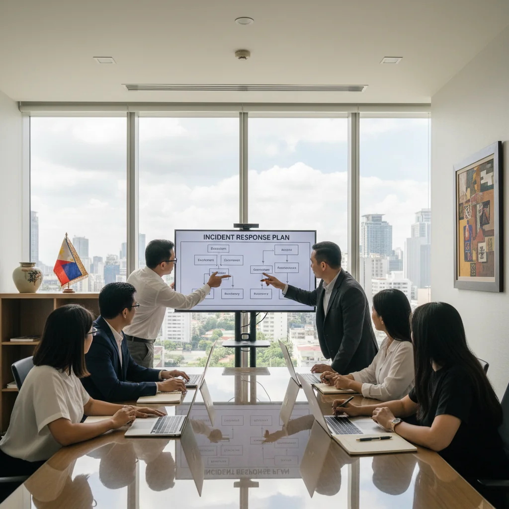 A photorealistic image depicting a diverse team of adult professionals in a modern Philippine office setting, collaboratively reviewing a digital incident response plan on a large screen during a simulated cybersecurity drill. The scene conveys preparedness, focus, and teamwork, with elements like Manila skyline in the background through windows, emphasizing business resilience against cyber threats. No children are present.