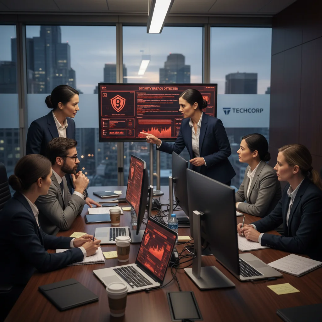 A photorealistic image of a professional team in a modern corporate office, gathered around a conference table, actively responding to a simulated cybersecurity incident on their computers, with focused expressions and collaborative discussion, symbolizing the implementation of an incident response plan in a business environment.