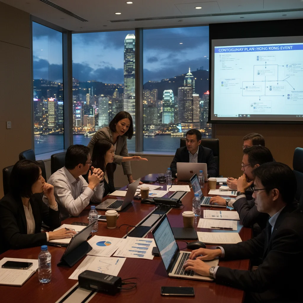 A photorealistic image depicting a professional team in a modern Hong Kong office collaboratively responding to an emergency event, such as a crisis meeting with maps and communication devices on a table, overlooking the city skyline, conveying preparedness and effective planning, no children present.