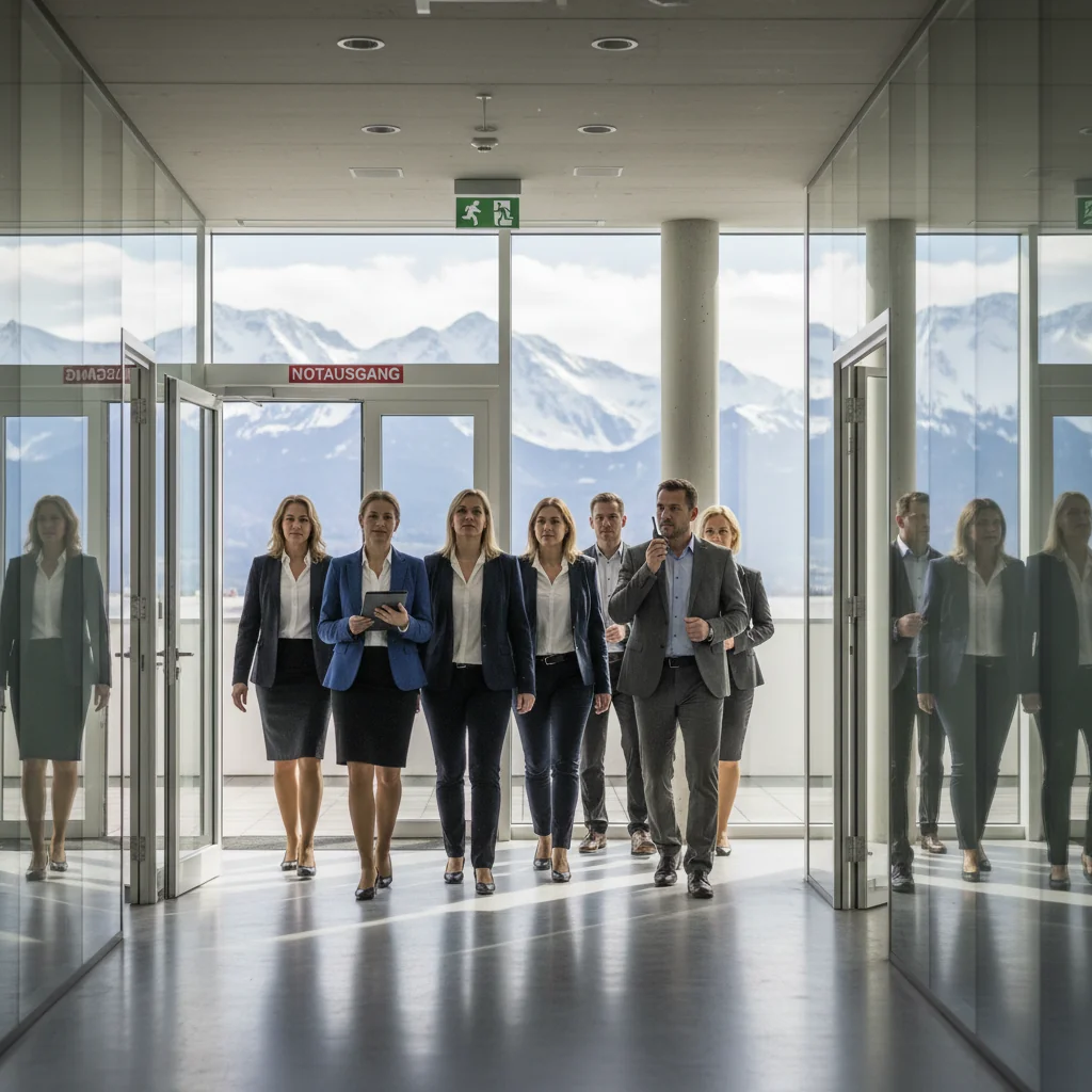 A photorealistic image depicting a professional emergency response scenario in an Austrian corporate setting, showing a diverse team of adult employees in a modern office building in Vienna, Austria, calmly executing a fire drill evacuation with clear signage and emergency exits visible, emphasizing preparedness and safety without any focus on documents.