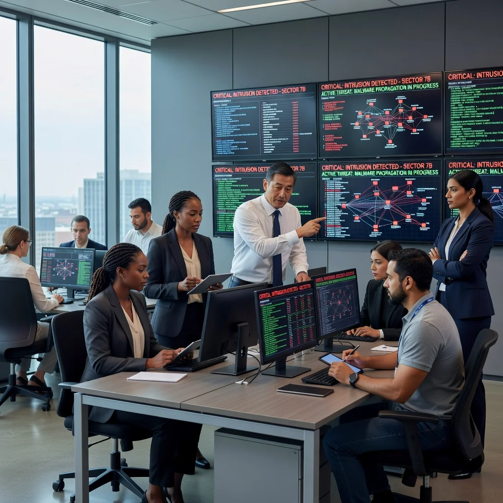 A photorealistic image depicting a professional team in a modern office responding calmly to a cybersecurity incident, with individuals at computers monitoring screens, discussing strategies, and coordinating efforts, symbolizing preparedness and effective incident response without showing any documents or children.