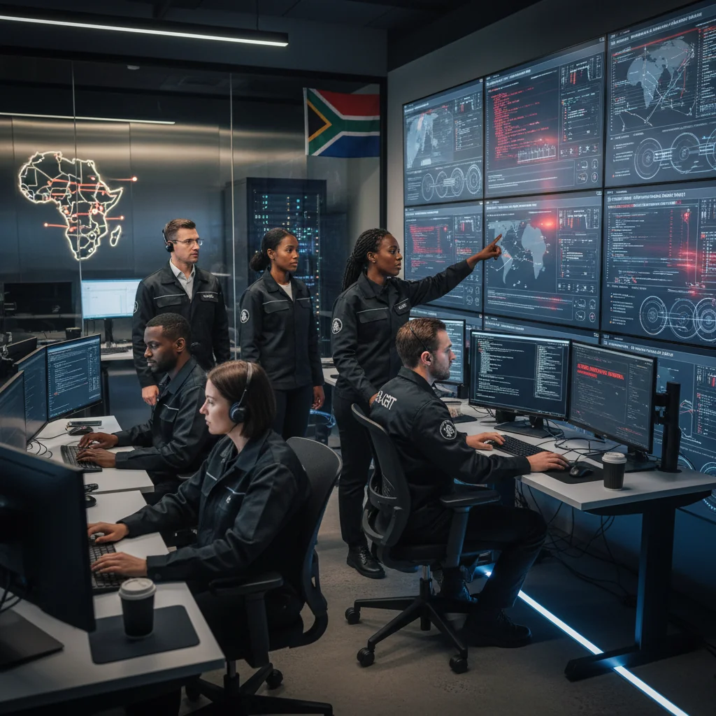 A photorealistic image depicting a diverse team of adult cybersecurity professionals in a modern South African command center, collaboratively responding to a cyber incident on multiple computer screens, with elements of South African culture like a flag in the background, conveying preparedness and urgency in incident response.