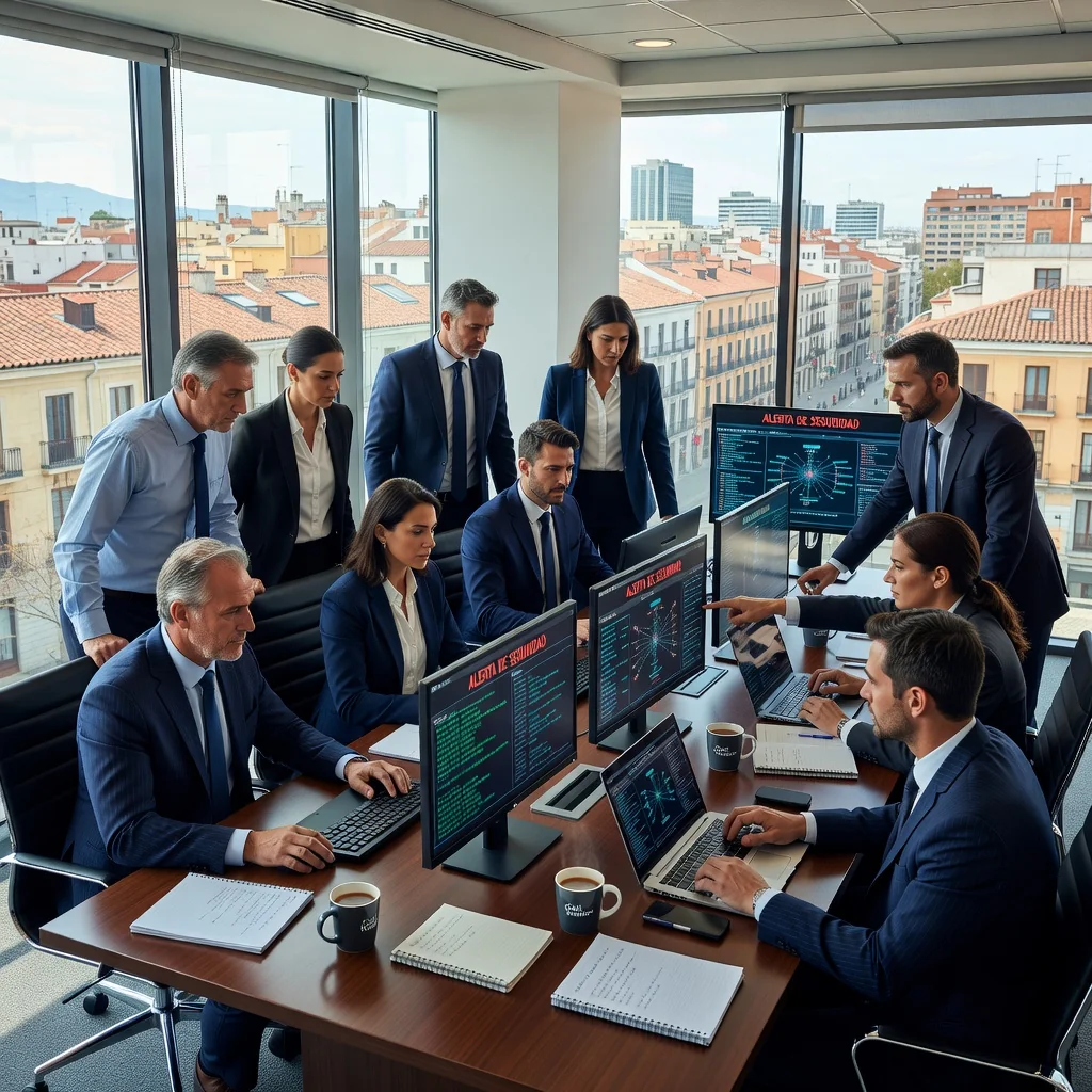 A photorealistic image depicting a diverse team of adult professionals in a modern Spanish office setting, collaboratively responding to a cybersecurity incident on their computers, with focused expressions, no children present, emphasizing preparedness and quick action in a corporate environment.