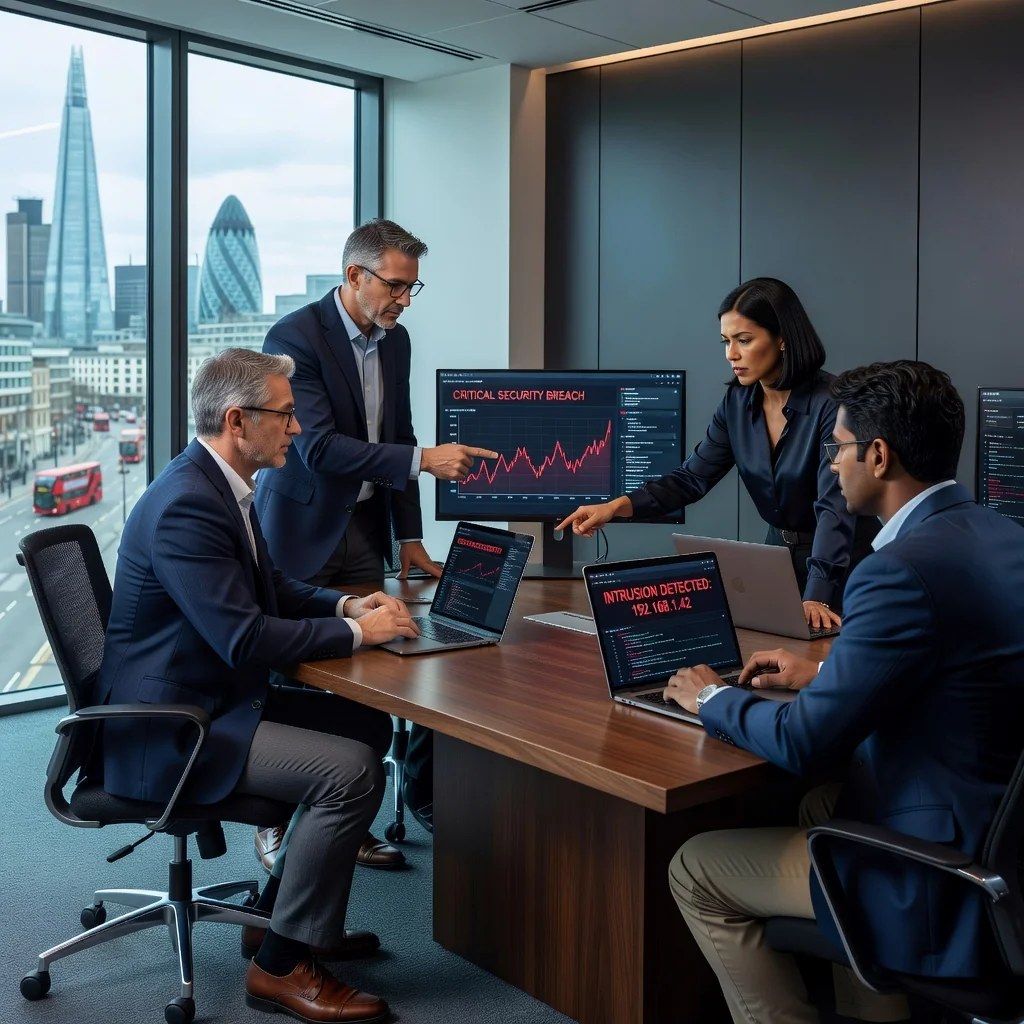 A photorealistic image depicting a professional incident response scenario in a modern UK corporate office, showing a diverse team of adults in business attire calmly coordinating around a conference table with computer screens displaying security alerts, symbolizing preparedness and legal compliance for incident response plans. No children are present. The scene emphasizes focus, teamwork, and technology without showing any documents.