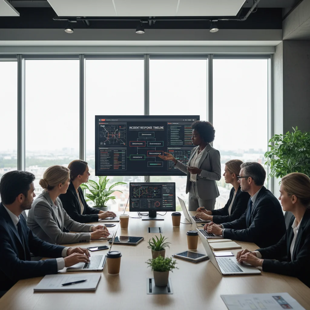 A photorealistic image depicting a professional team in a modern office responding effectively to a cybersecurity incident. The scene shows adults in business attire gathered around a conference table with multiple computer screens displaying security alerts and data analysis tools. One person is pointing to a screen while others collaborate, conveying preparedness and quick response. No children are present. The atmosphere is tense yet controlled, emphasizing efficiency and teamwork in incident management.