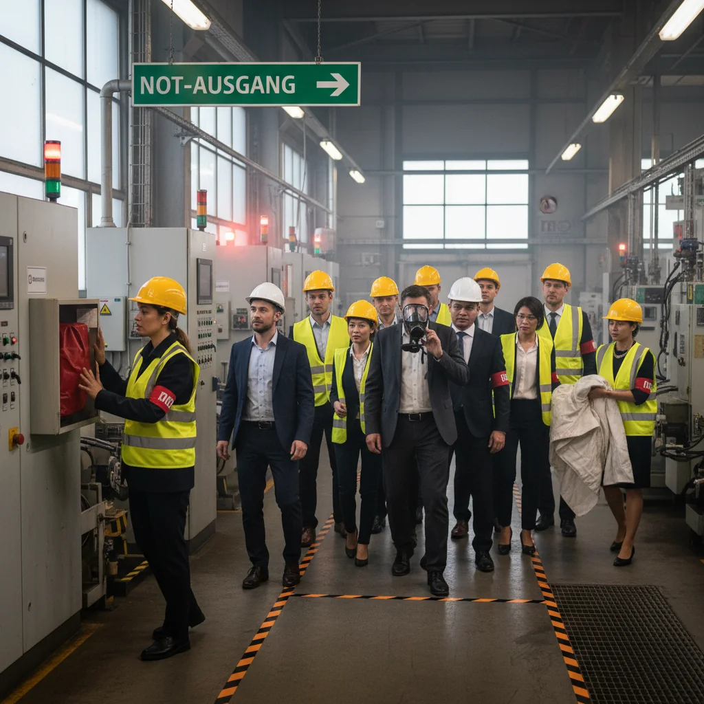 A photorealistic image depicting a professional emergency response team in action within an Austrian workplace setting, showing adults coordinating a swift and organized reaction to an emergency situation, emphasizing preparedness and legal compliance without focusing on documents.