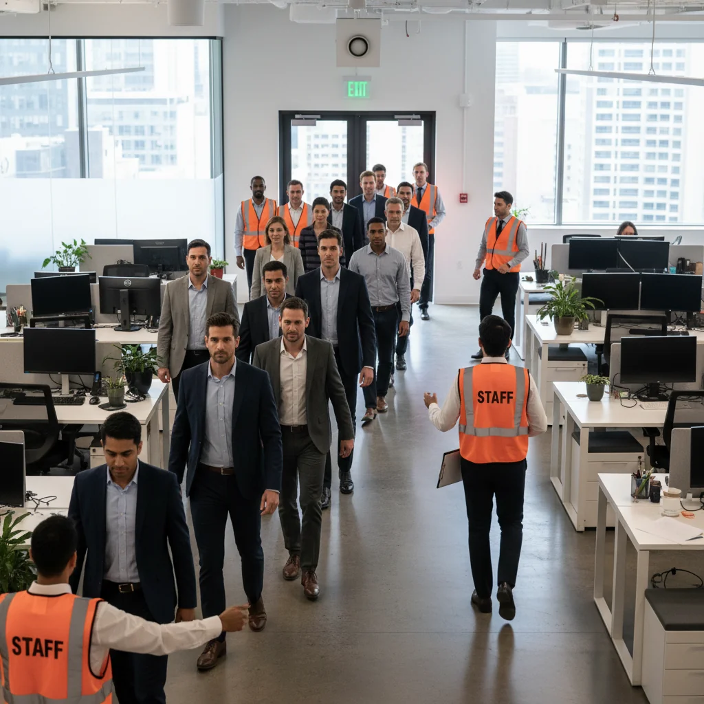 A photorealistic image depicting a professional emergency response scenario in a corporate office environment, showing a diverse team of adults calmly executing an evacuation drill, with emergency exits visible and safety equipment like fire extinguishers in the background, conveying preparedness and safety without focusing on documents.