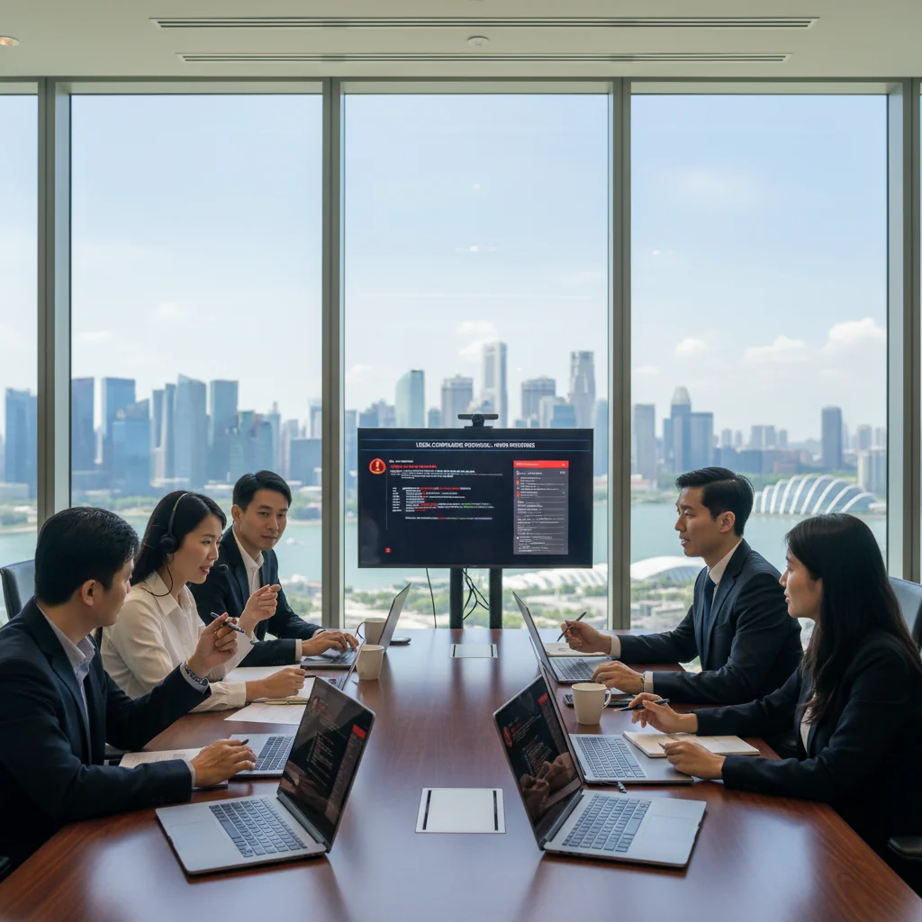 A photorealistic image depicting a professional incident response scenario in a modern Singapore office, showing a diverse team of adults in business attire calmly coordinating during a simulated cyber incident, with elements like computer screens displaying security alerts, a map of Singapore in the background, and a sense of preparedness and control, no children present.