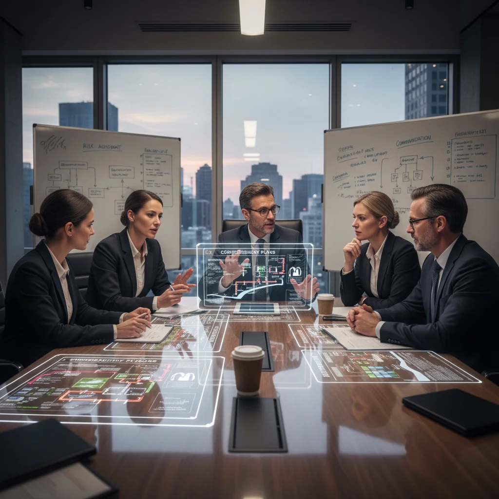 A photorealistic image depicting a diverse team of adult professionals in a modern corporate office engaged in a crisis response training simulation. They are gathered around a conference table with laptops and charts, looking focused and collaborative, symbolizing preparedness for business incidents. No children are present.