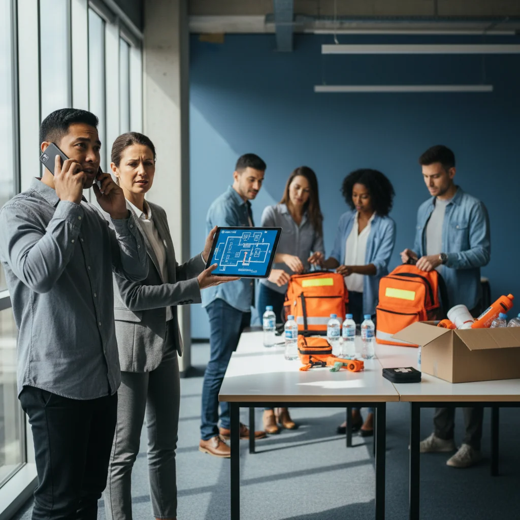 A photorealistic scene depicting a team of adult professionals in a modern office environment actively responding to an emergency. One person is speaking urgently into a phone, another is pointing to a digital map on a screen showing evacuation routes, while others gather supplies like first aid kits and flashlights, conveying preparedness and calm coordination. The atmosphere is tense but organized, emphasizing effective emergency response planning without any focus on documents.