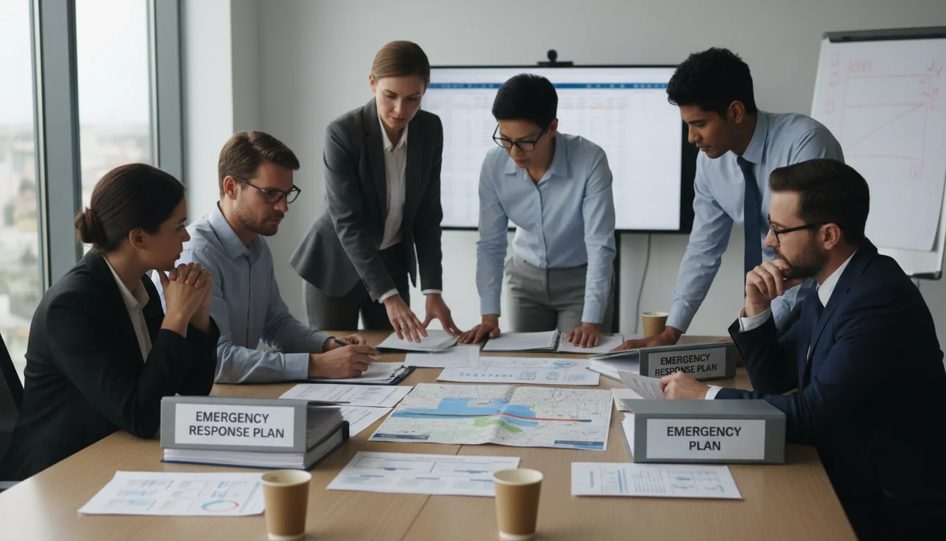 Team reviewing emergency plan documents