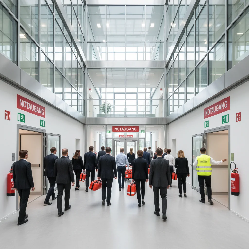 A photorealistic image depicting a professional emergency response scenario in a German workplace, showing a diverse team of adults calmly following a structured evacuation plan during a simulated drill, with safety signs and emergency equipment visible in a modern office building, emphasizing preparedness and safety without focusing on documents.