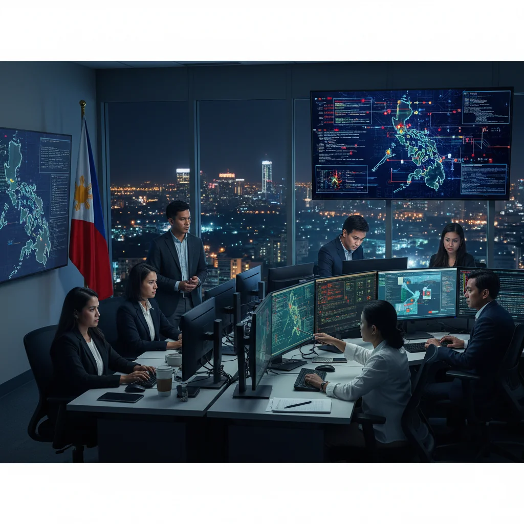 A photorealistic image of a diverse team of adult cybersecurity professionals in a modern command center in the Philippines, collaboratively responding to a cyber incident on multiple computer screens, with Philippine flags and urban Manila skyline in the background, conveying preparedness and urgency without showing any children.