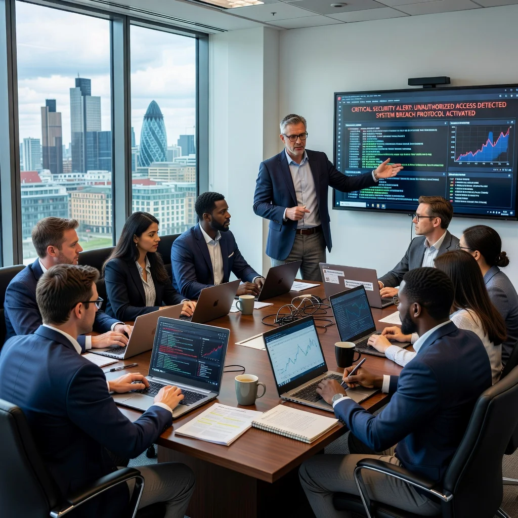 A photorealistic image of a professional team in a modern UK office, calmly and efficiently responding to a simulated IT security incident on their computers, with one person pointing at a screen showing alert notifications, emphasizing preparedness and coordination, no children present.