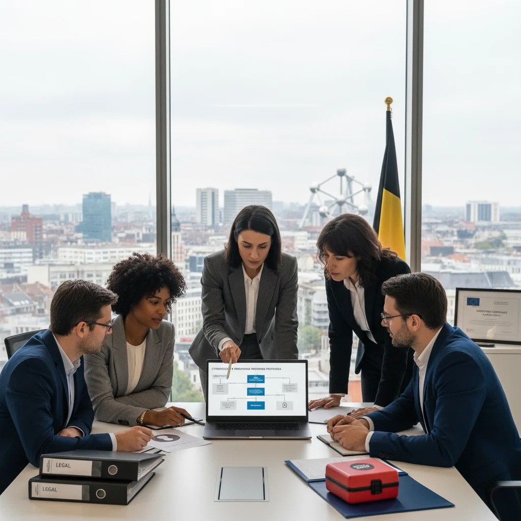 A photorealistic image of a professional business team in a modern Belgian office, gathered around a conference table, discussing and reviewing an incident response plan on a digital tablet, with subtle Belgian flags or Brussels skyline in the background, conveying preparedness and compliance without showing any documents or children.