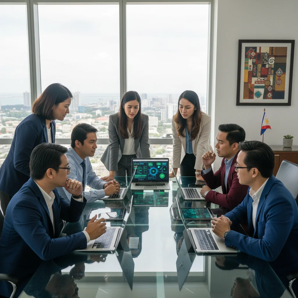 A photorealistic image of a diverse team of adult professionals in a modern corporate office in the Philippines, gathered around a conference table, engaged in a serious discussion about data security and incident response. They are reviewing digital tablets and laptops displaying privacy icons and network diagrams, with elements like locked padlocks and shield symbols subtly integrated into the scene to represent data protection under Philippine laws. The atmosphere is focused and collaborative, emphasizing preparedness and compliance. No children are present.