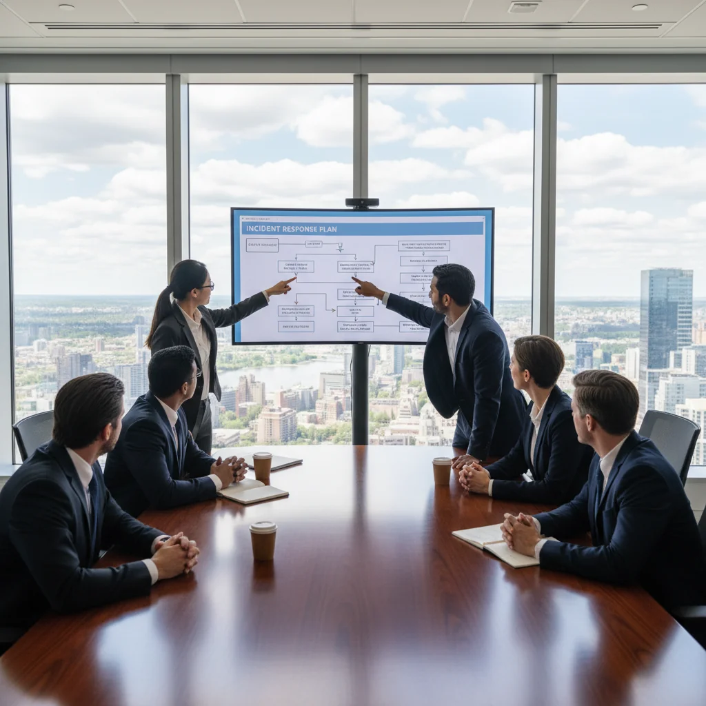 A photorealistic image of a diverse team of adult professionals in a modern Canadian office setting, gathered around a conference table, collaboratively reviewing a digital incident response plan on a large screen, with elements like a Canadian flag subtly in the background, conveying preparedness and compliance in business cybersecurity.