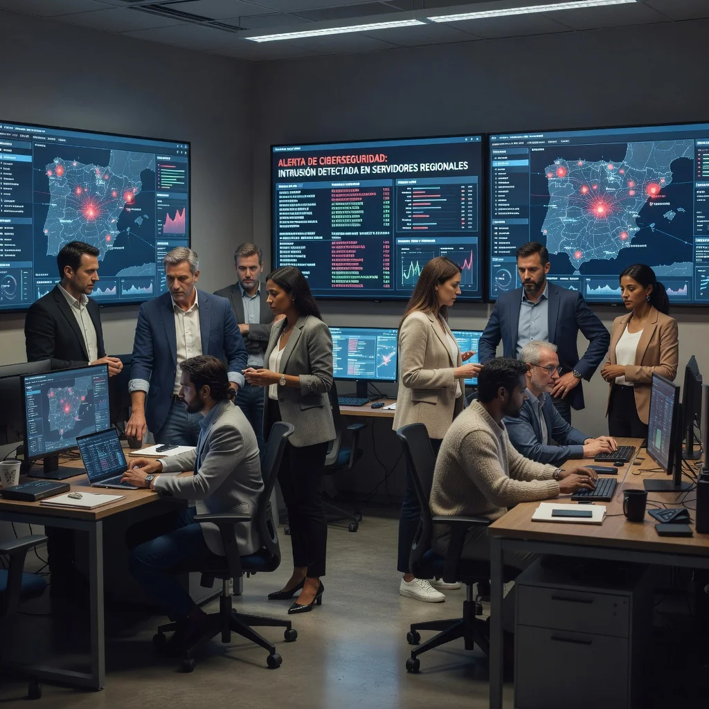 A photorealistic image depicting a professional cybersecurity team in a modern control room in Spain, actively responding to a cyber incident on multiple computer screens, with elements like the Spanish flag subtly in the background, conveying preparedness and urgency in incident response.