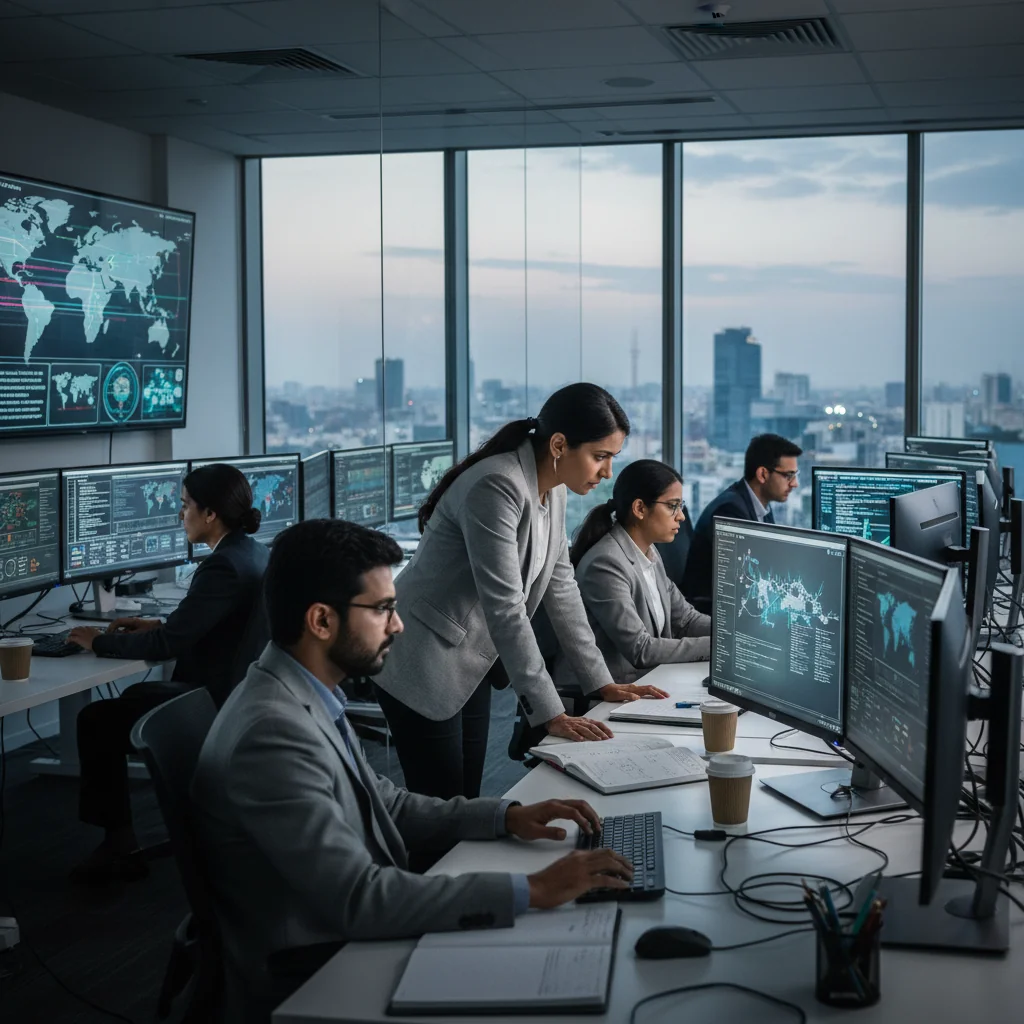 A photorealistic image depicting a diverse team of adult cybersecurity professionals in a modern control room in India, intensely monitoring multiple computer screens showing network security alerts and response interfaces, with elements like the Indian flag subtly in the background, symbolizing effective incident response planning for cyber security.