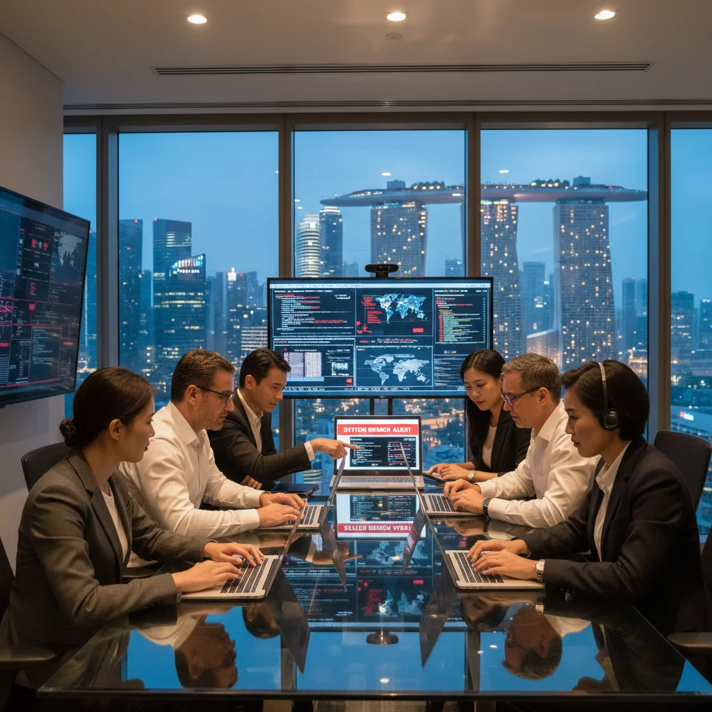 A photorealistic image of a diverse team of adult professionals in a modern Singapore office, gathered around a conference table during a simulated cybersecurity incident response exercise. They are focused and collaborative, with computer screens showing alert notifications in the background, overlooking the Singapore skyline through large windows. No children are present.